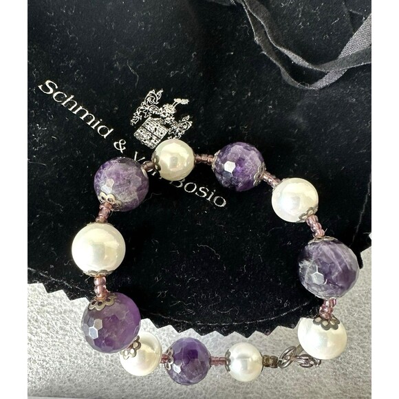 Schmid & Von Bosio Italy Purple Amethyst and Pearl Round Bead Bracelet 7.5" - Picture 2 of 10